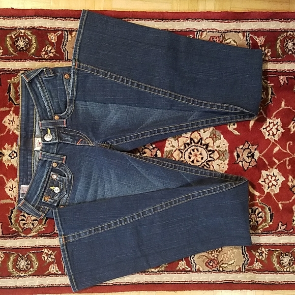 True Religion 25 Long Flap pocket Joey twist Boot Orange stitching Distressed - Picture 3 of 14